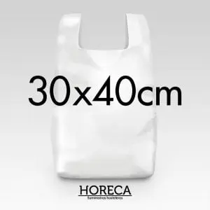 Bolsa de plastico asas o camiseta, blanca 30x40cm 100uds, 70% reciclada